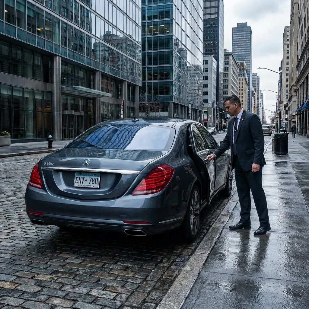 Grey Mercedes-Benz S 550 with license plate ENV-780 parked on a wet city street.